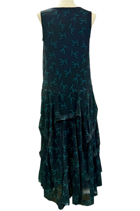 Dark blue dress with light blue patterns on a white background