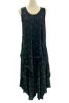 Black sleeveless dress with blue patterns on a mannequin against a white background