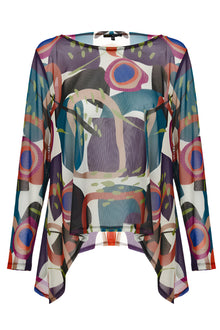  Colorful abstract patterned top on a white background