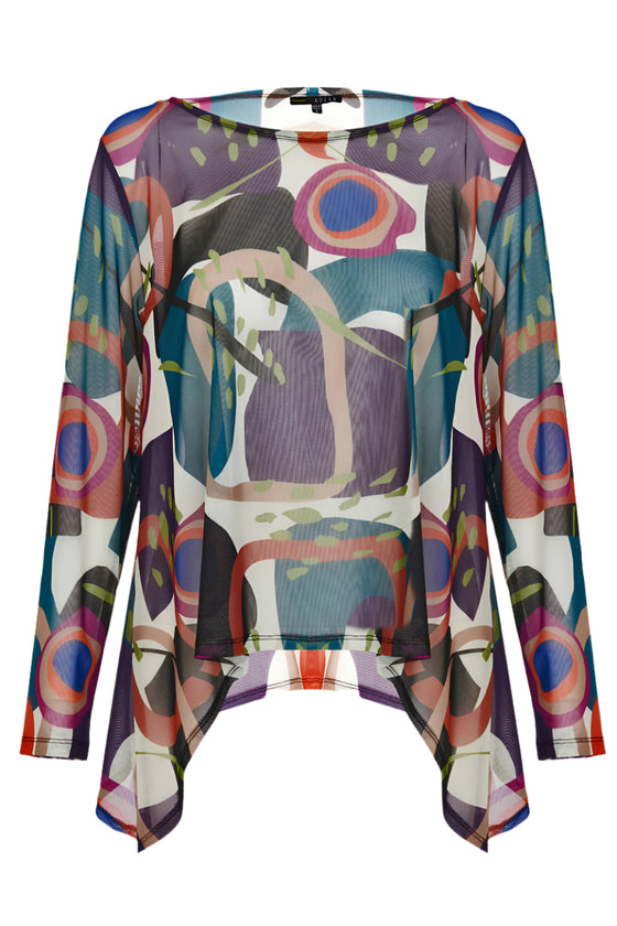 Colorful abstract patterned top on a white background