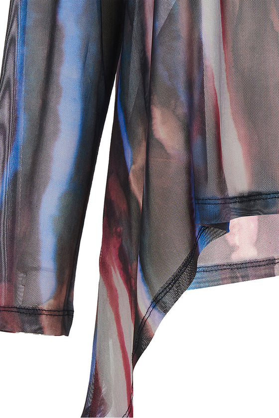Close-up of a colorful mesh fabric with abstract patterns on a white background