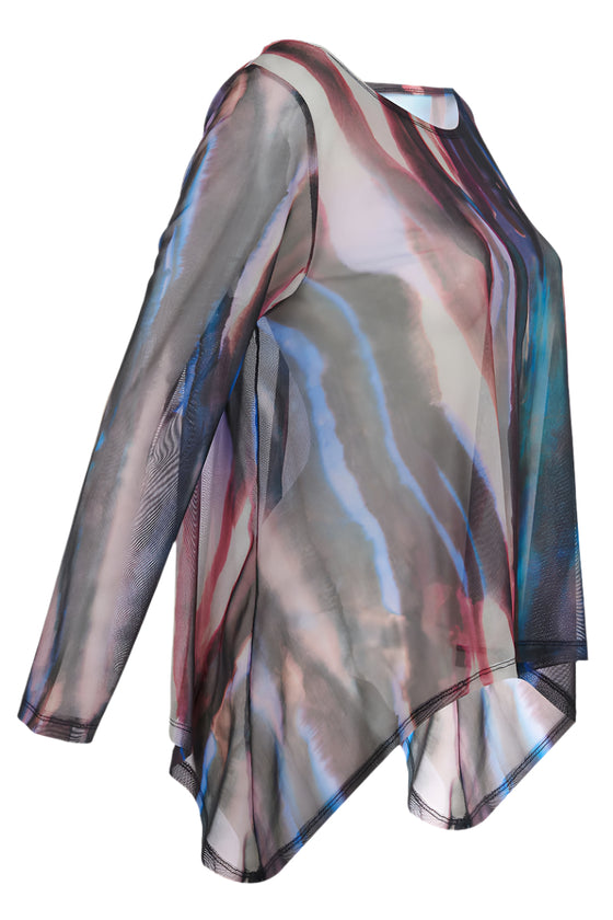 Multicolored sheer blouse with a unique design on a white background