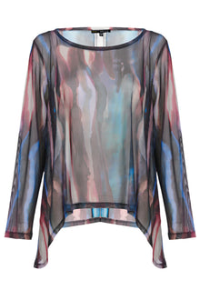  Sheer blouse with multicolor abstract pattern on a white background