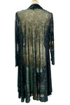 Long, dark green dress with light green patterns on a mannequin against a white background