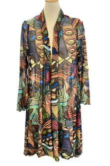  Colorful patterned jacket on a mannequin against a white background