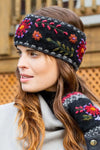 Lost Horizons Knitwear Abigail Headband Embroidered Wool Ear Warmer in Black