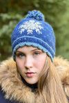 Lost Horizons Knitwear Anoushka Snowflake Embroidered Beanie in Lapis