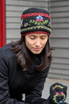 Lost Horizons Knitwear Munich Embroidered Wool Beanie Hat in Black
