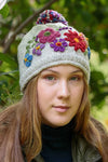 Lost Horizons Knitwear Petite Fleur Wool Beanie Hat with Crochet Flowers in Light Natural