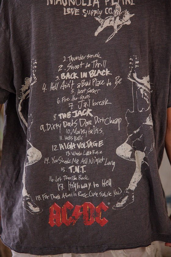 Dark t-shirt with AC/DC album tracklist design on a plain background