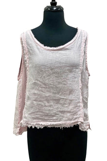  Match Point Linen Sleeveless Crop Top With Raw Edge in Pink Style HLT738