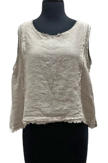  Match Point Linen Sleeveless Crop Top With Raw Edge in Tidal Foam Style HLT738