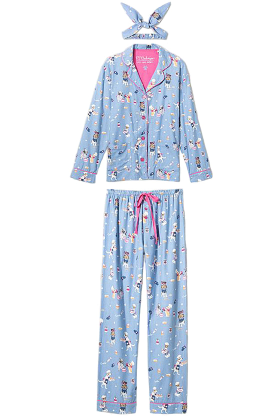 P.J Salvage Baked Woof Love Print Flannel PJ Set with Headband in Denim