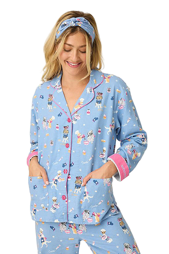 P.J Salvage Baked Woof Love Print Flannel PJ Set with Headband in Denim