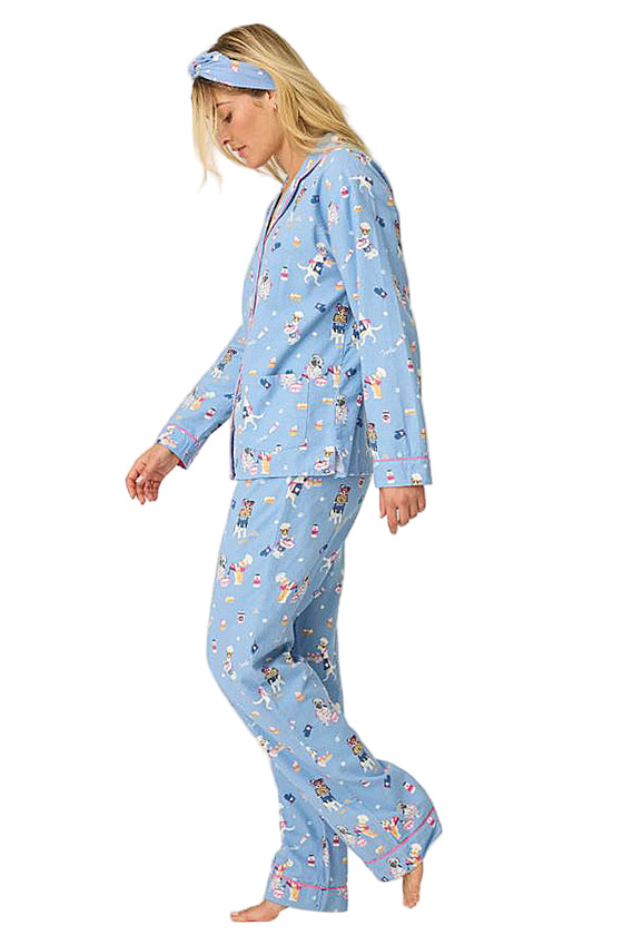 P.J Salvage Baked Woof Love Print Flannel PJ Set with Headband in Denim