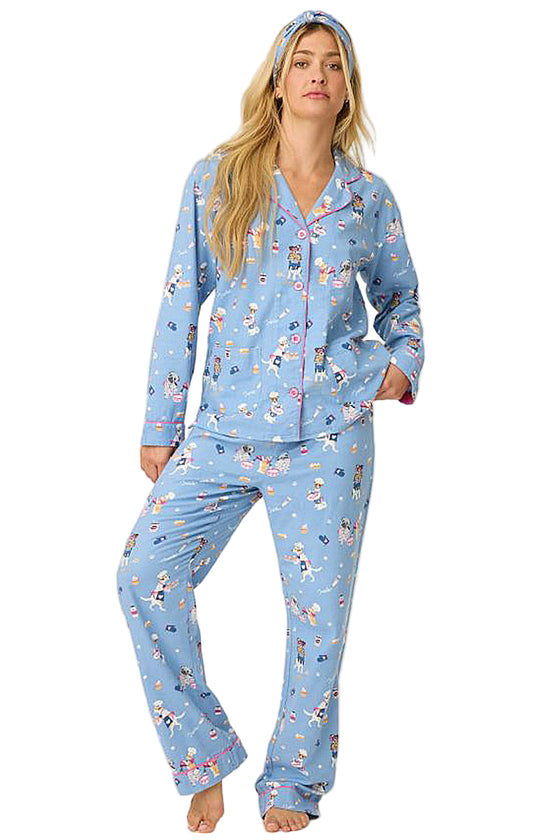 P.J Salvage Baked Woof Love Print Flannel PJ Set with Headband in Denim