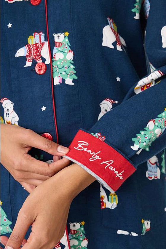 P.J Salvage Bearly Awake Print Flannel PJ Set with Headband in Navy