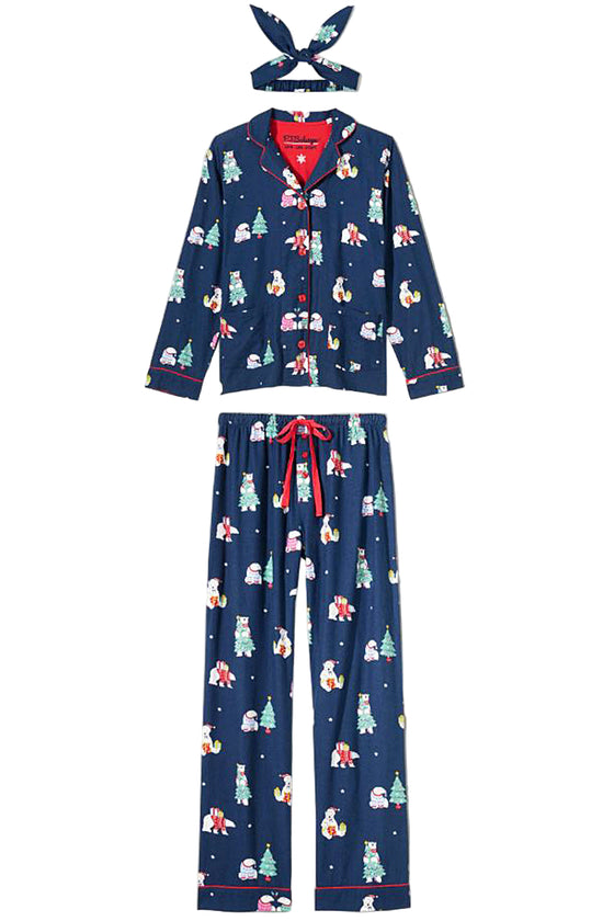 P.J Salvage Bearly Awake Print Flannel PJ Set with Headband in Navy