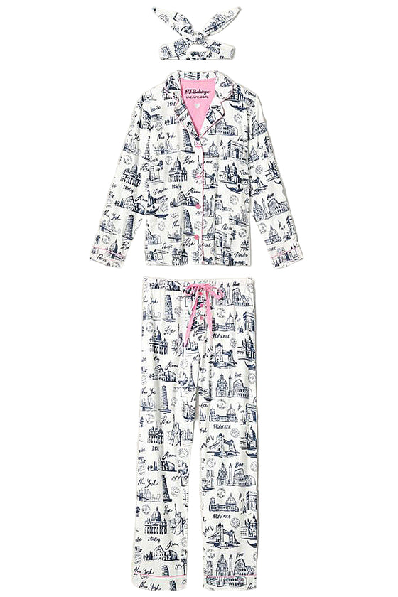 P.J Salvage Bon Voyage Print Flannel PJ Set with Headband in White Cloud