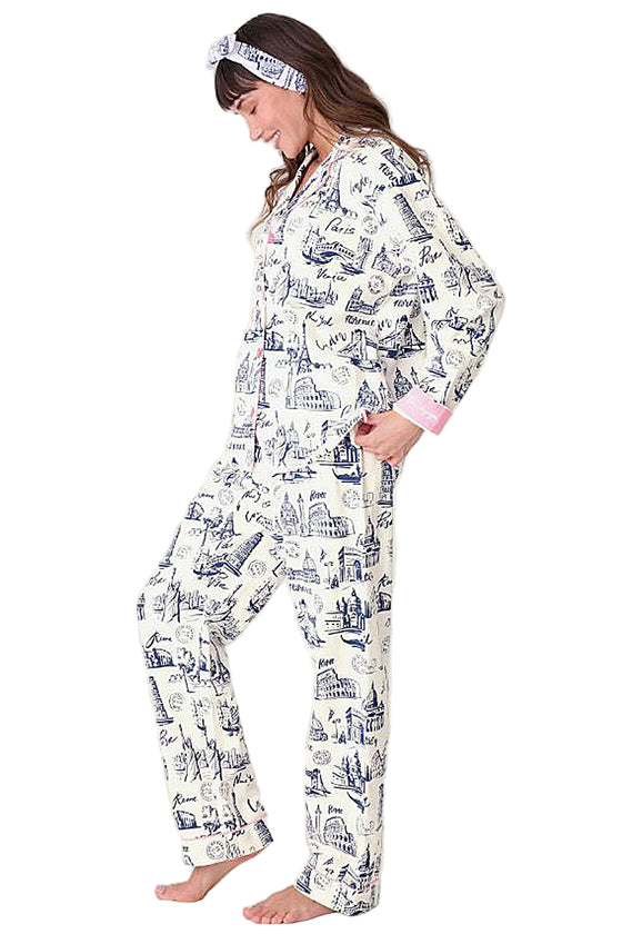 P.J Salvage Bon Voyage Print Flannel PJ Set with Headband in White Cloud