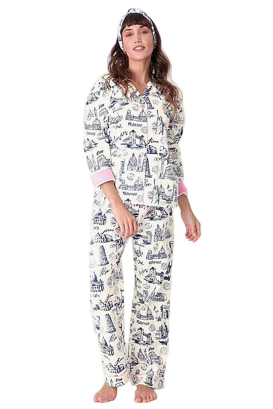 P.J Salvage Bon Voyage Print Flannel PJ Set with Headband in White Cloud