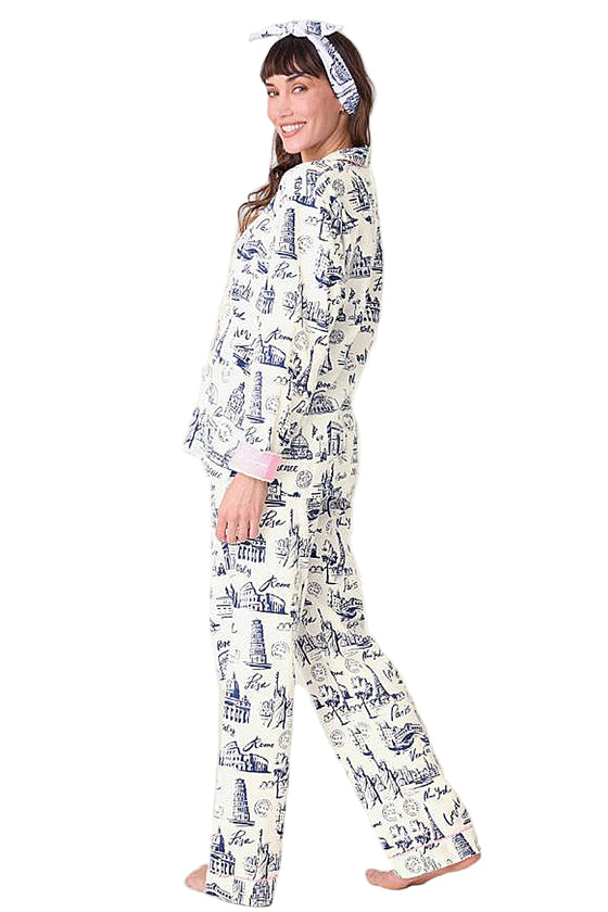 P.J Salvage Bon Voyage Print Flannel PJ Set with Headband in White Cloud