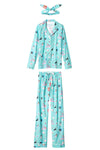 Teal pajama set with animal print on a light gray background