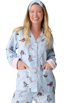  PJ Salvage Coffee & Cat Naps Flannel PJ Set with Headband in Blue Tint