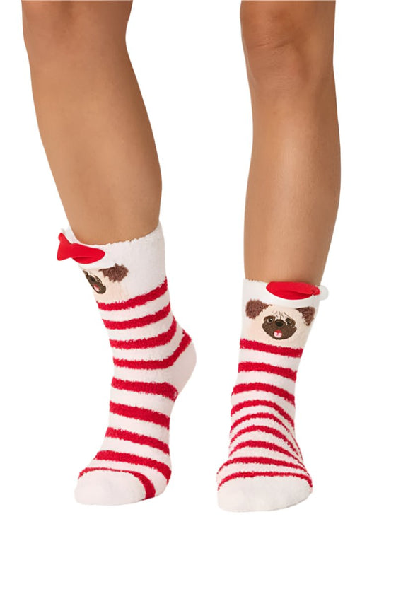 PJ Salvage Holiday Pug Plush Fun Socks in Ivory