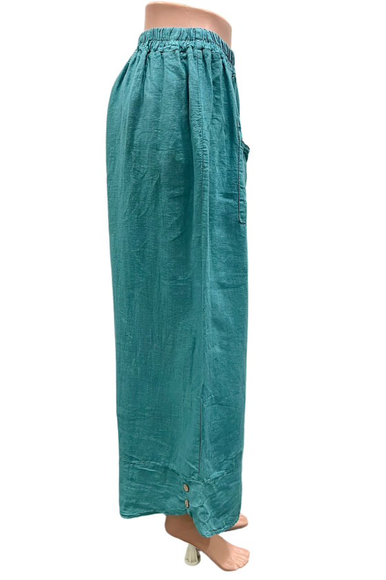Saga Linen Button Hem Pants with Front Pockets in Sea Blue Style GN3248
