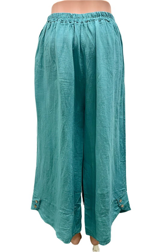 Saga Linen Button Hem Pants with Front Pockets in Sea Blue Style GN3248