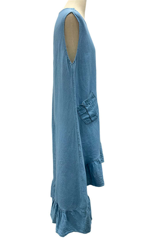 Saga Linen Sleeveless Ruffle Hem Hi-Lo Dress in Denim Style GN31176 Saga Linen Sleeveless Ruffle Hem Hi-Lo Dress in Denim Style GN31176