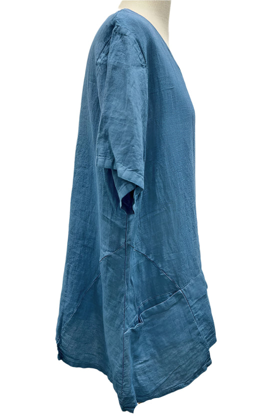 Saga Linen V-Neck Asymmetrical 2 Pocket Top in Denim Style GN31011