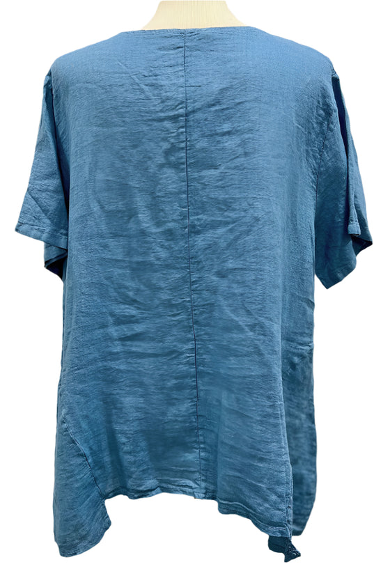 Saga Linen V-Neck Asymmetrical 2 Pocket Top in Denim Style GN31011