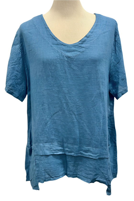 Saga Linen V-Neck Asymmetrical 2 Pocket Top in Denim Style GN31011