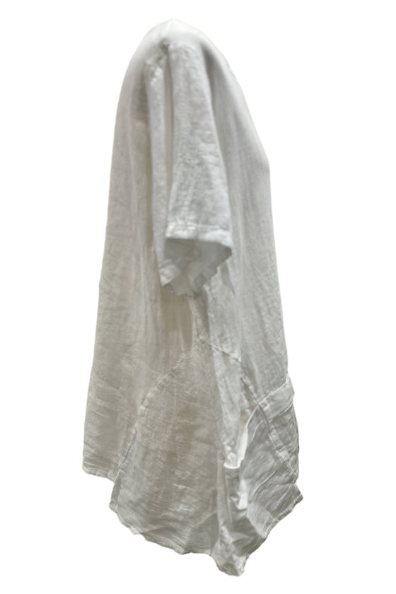Saga Linen V-Neck Asymmetrical 2 Pocket Top in White Style GN31011