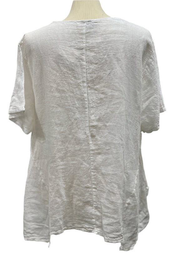 Saga Linen V-Neck Asymmetrical 2 Pocket Top in White Style GN31011