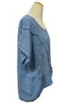 Saga Linen Wide Neck Frayed Lines Top in Denim 31379