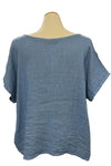Saga Linen Wide Neck Frayed Lines Top in Denim 31379