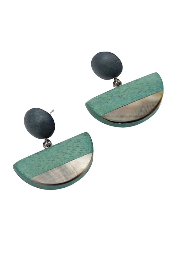 Sylca Designs Aqua Wood and Shell Half Moon Dangle Earrings