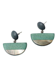  Sylca Designs Aqua Wood and Shell Half Moon Dangle Earrings