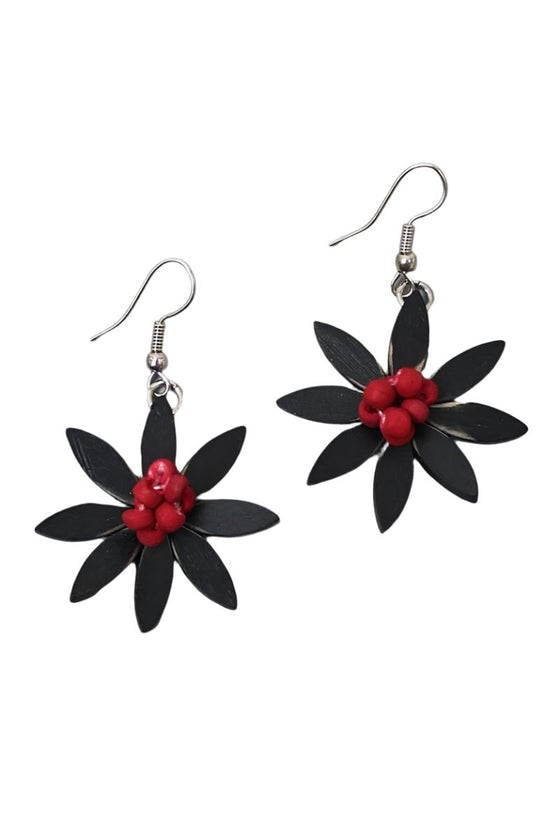 Sylca Designs Black and Red Amaya Flower Dangle Earrings