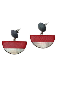  Sylca Designs Red Wood and Shell Half Moon Dangle Earrings