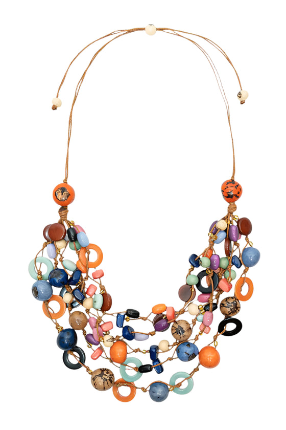 Multicolored beaded necklace on a white background