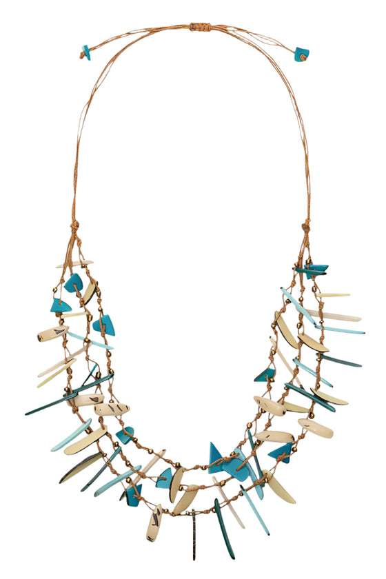 Necklace with blue and gold elements on a white background