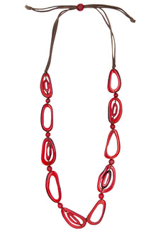  Red necklace with brown cord on a white background