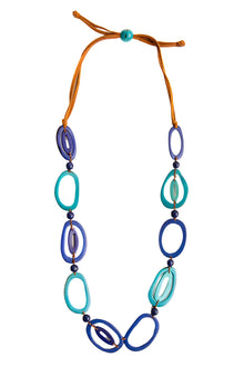  Necklace with blue and turquoise oval beads on a white background