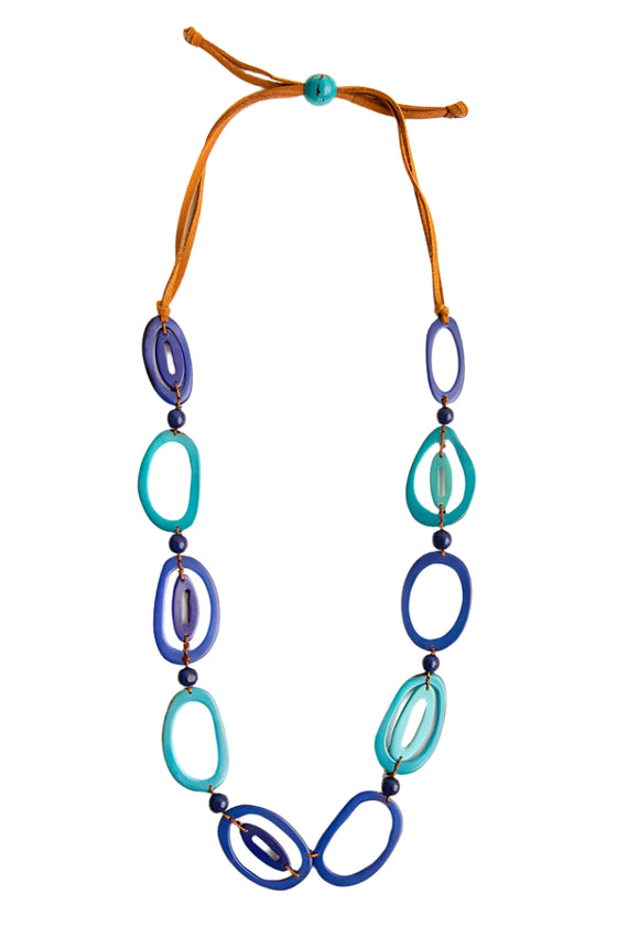 Necklace with blue and turquoise oval beads on a white background