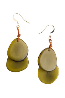  Green layered earrings with brown cord on a white background