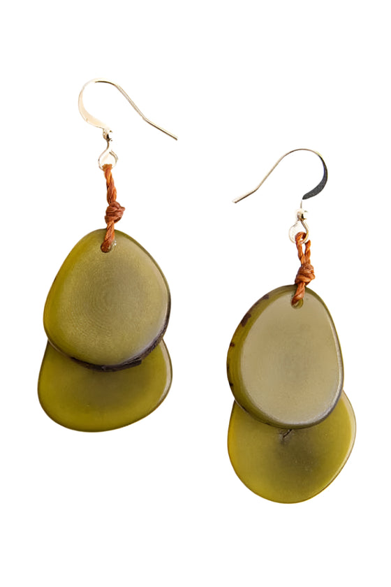 Green layered earrings with brown cord on a white background